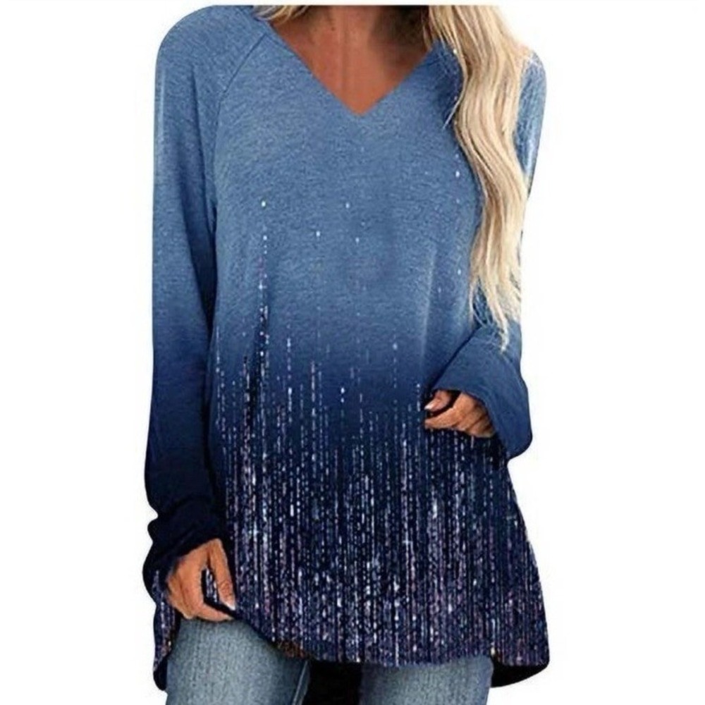 Blue Gradient‎ Tunic Top Womens 4XL Blue White Gradient Long Sleeve V Neck Artsy
